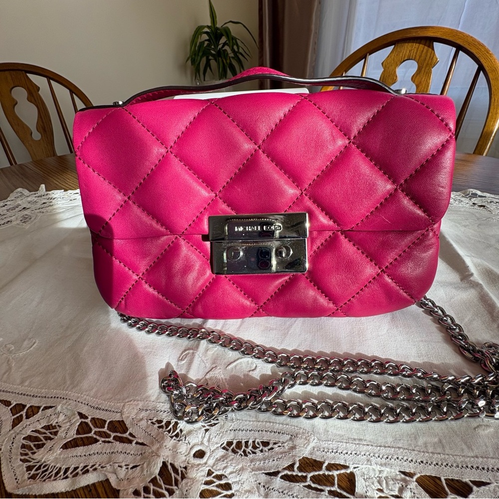 MICHAEL Michael Kors Cece Chevron Quilted Leather Crossbody with Silver Chain